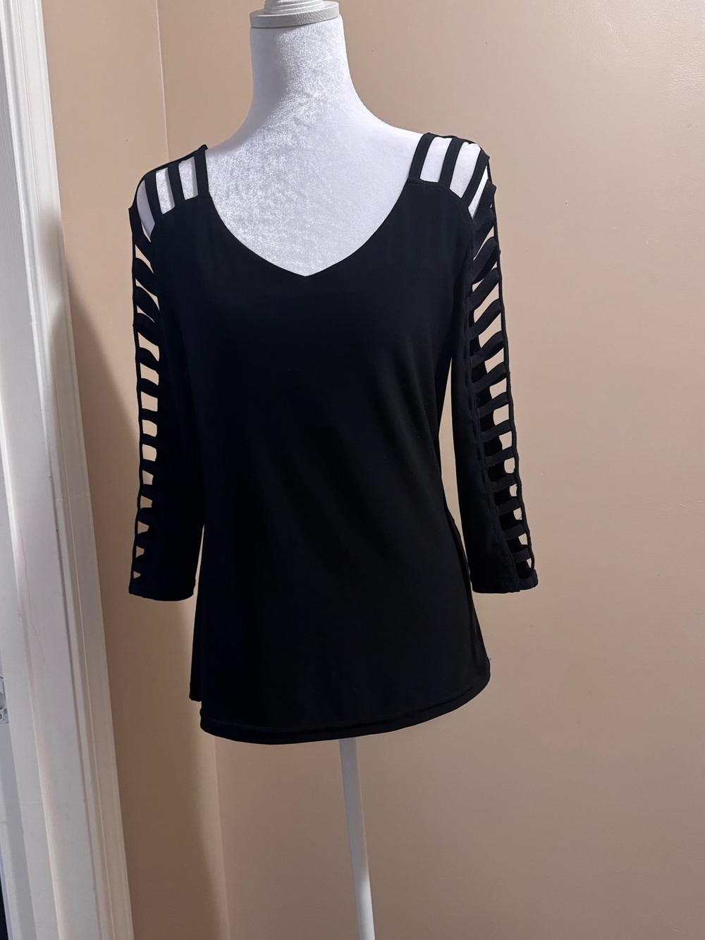 Joseph Ribkoff Black V-Neck Top with Ladder Cutout Sleeves